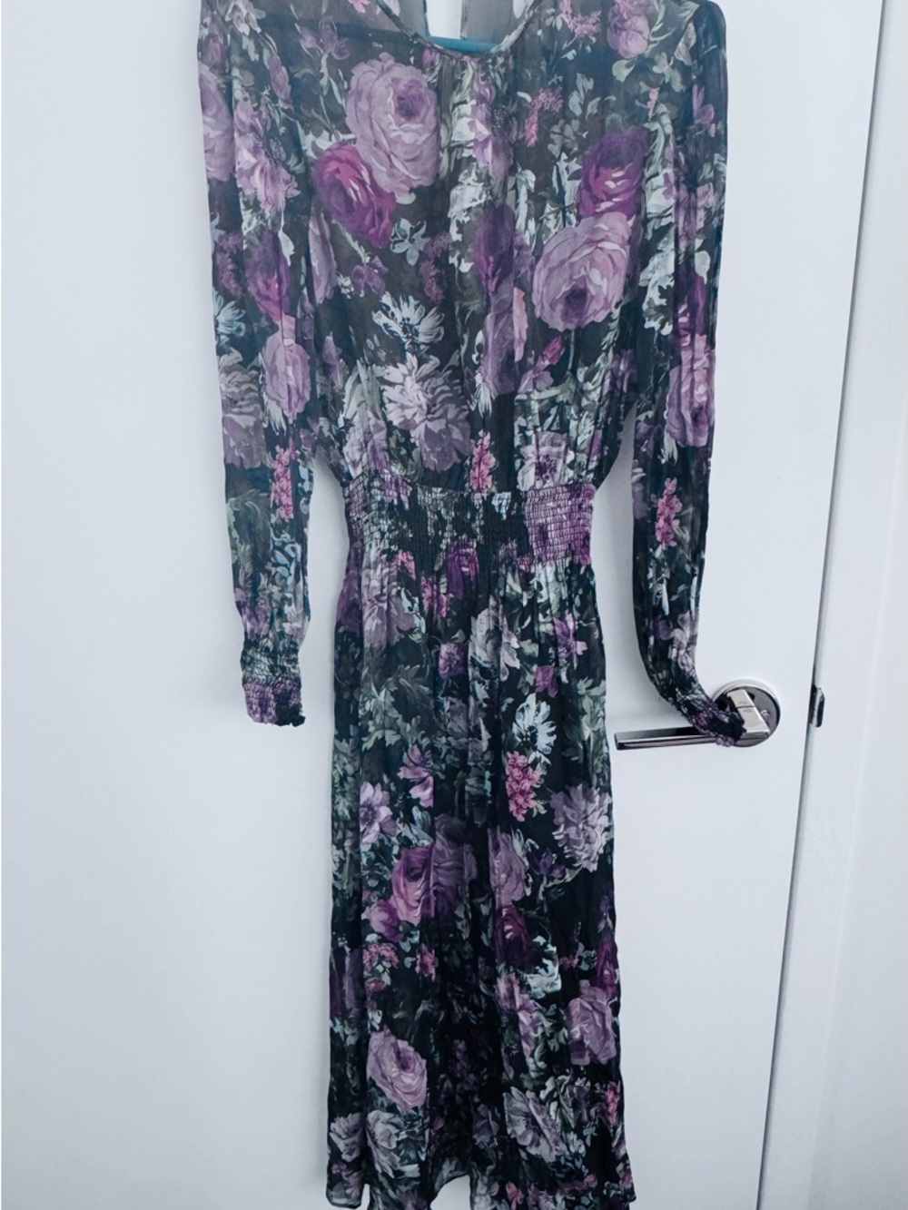 Zara Black and Pink/Purple Floral Long-Sleeve Midi Dress